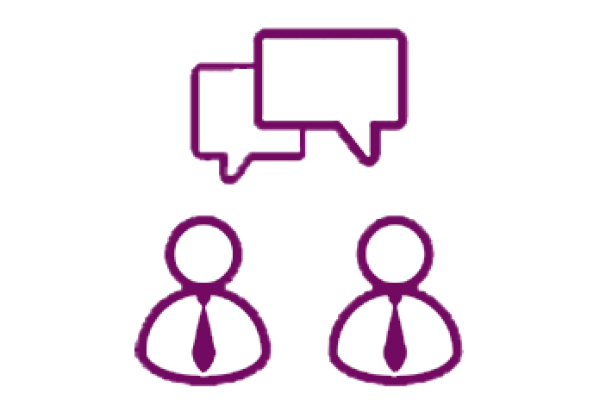 two person icons with ties and speech bubbles over their heads